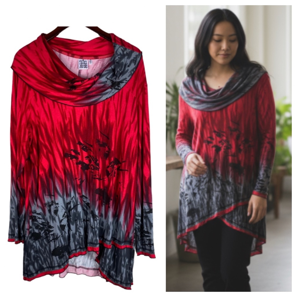 New Parsley & Sage 1X 16 18 Top Tunic Shirt Cowl Neck Art to Wear Graphic Red